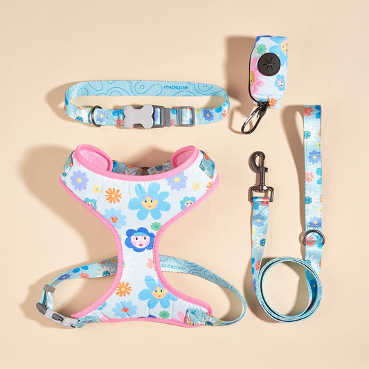 HKM-7284541 Pet Supplies Pink Sunflower Four-Piece Pet Chain Set with Collar, Harness, Leash, and Bin Bag