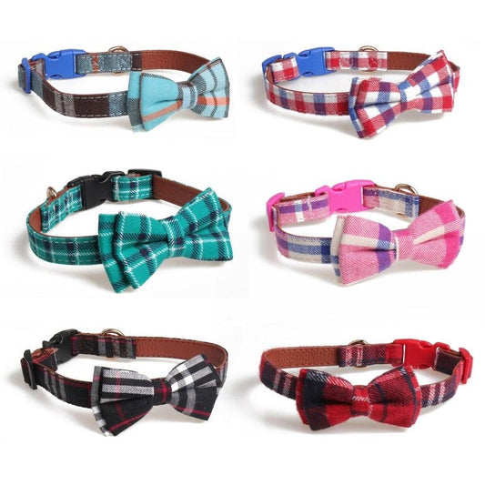 HKM-730131 Bowknot Adjustable Puppy Collar - Lattice Pattern, 100% Cotton & PU Leather, Fits Small to Large Dogs