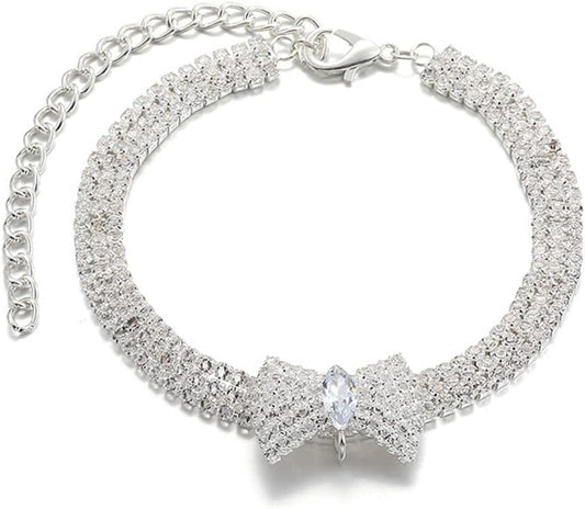HKM-7327037 Adjustable Crystal Bow Pet Collar for Small & Medium Dogs and Cats - Sparkling Rhinestone Design