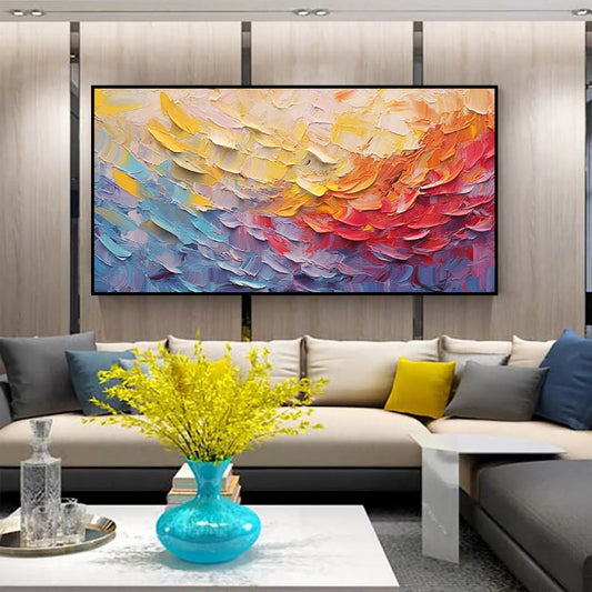 HKM-734291 Hand-Painted Canvas Artwork - Colorful Abstract Design with Thick Flowers in Blue, Red, and Yellow for Wall Decor