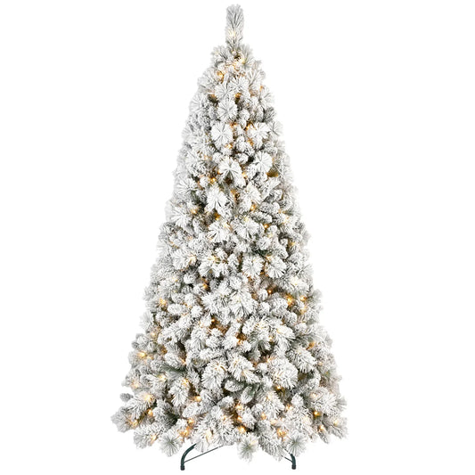 HKM-740563 8ft Pre-Lit Snowy Cedar Artificial Christmas Tree with Warm White LED Lights and Metal Stand