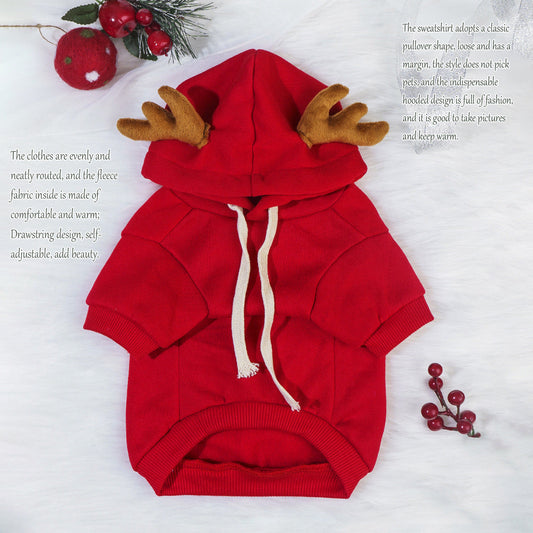 HKM-7426621 Red Christmas Elk Costume for Pets - Sizes S, M, L, XL, 2XL, Casual Style, Polyester Cotton
