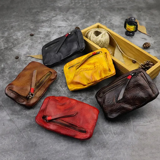 HKM-743315 Retro Style Genuine Leather Card Wallet for Students - Zipper Closure, Multi-Colour Options