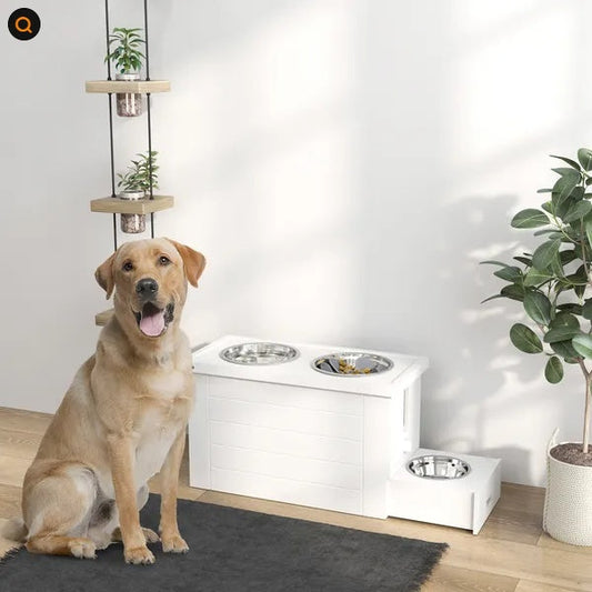 HKM-746579 Elevated Dog Feeding Station with Slow Feeder Mat, Storage Cabinet & 3 Stainless Steel Bowls for Large Dogs