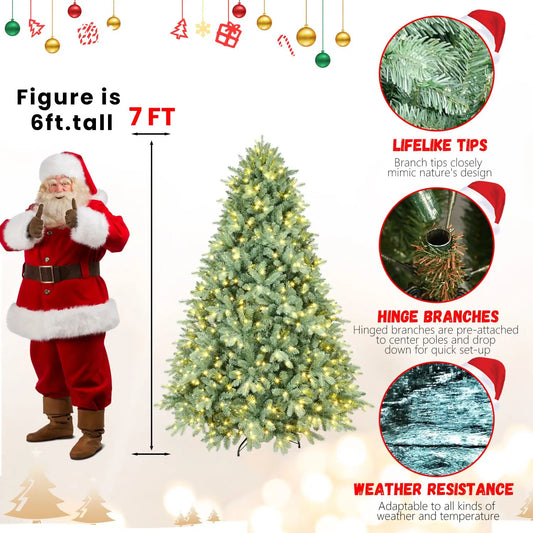 HKM-755219 7ft Blue-Green Mixed PE/PVC Hinged Artificial Christmas Tree with Lights