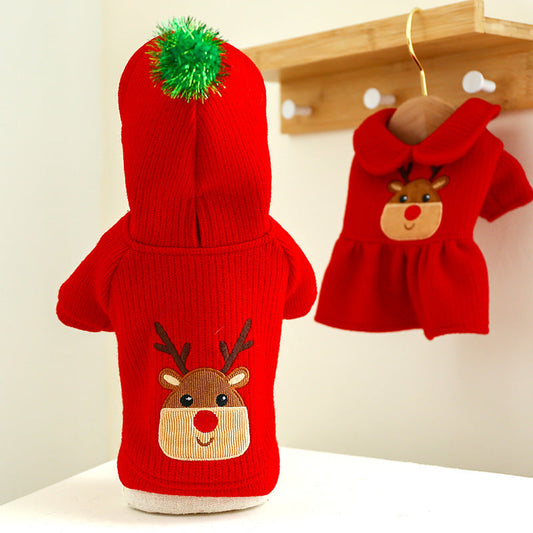HKM-7638333 Festive Christmas Elk Couples Dress Hoodie for Pets - Casual Skirt Style