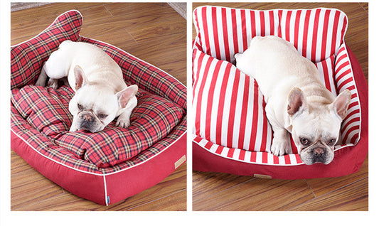 HKM-7655485 Dog House Bed for Small to Medium Dogs - Removable & Washable, Cotton-Linen Blend, Blue Stripes