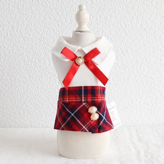 HKM-7670333 Plaid Skirt Dress for Women - Elegant England Style, Available in Red and Black, Sizes XS to XL