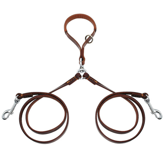 HKM-7678269 Double Handle Leather Dog Leash for Two Dogs - Tangle-Free, Hands-Free Control in Black or Brown