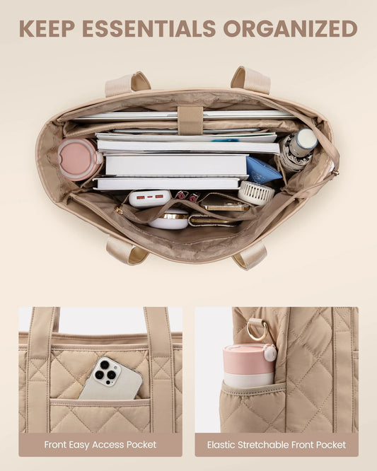 HKM-772115 Quilted Puffer 15.6 Inch Laptop Tote Handbag Set for Women - Lightweight Shoulder Bag with Storage Compartments