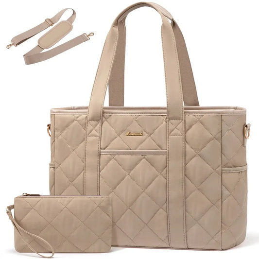 HKM-772115 Quilted Puffer 15.6 Inch Laptop Tote Handbag Set for Women - Lightweight Shoulder Bag with Storage Compartments