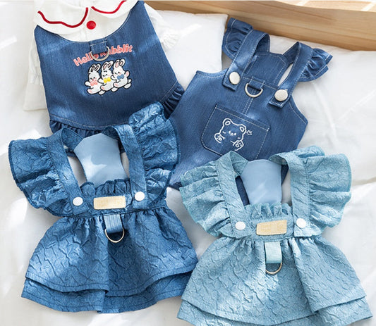 HKM-7744573 Classic Denim Pet Dresses for Small Dogs and Cats - Lightweight Summer Styles in Bundy Blue