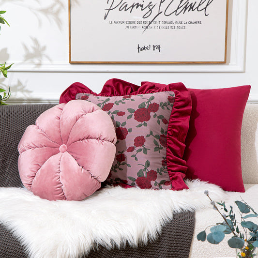 HKM-776019 Vintage Ruffled Sofa Cushion in Plush Material with Tassels - Available in English Rose, Pod Blush Pink, and Velvet Wine Red