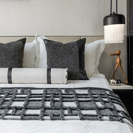 HKM-777171 Gray and White Plaid Bed Runner Nap Blanket Set with Pillowcase and Round Pillow