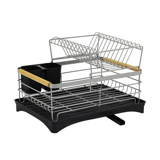 HKM-778067 2-Tier Stainless Steel Dish Drying Rack with Utensil Holder for Kitchen Organization
