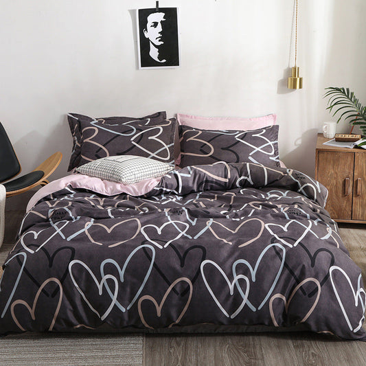 HKM-779795 Heart Print 4-Piece Bedding Set - Natural Plant Blend Fiber, Various Sizes Available