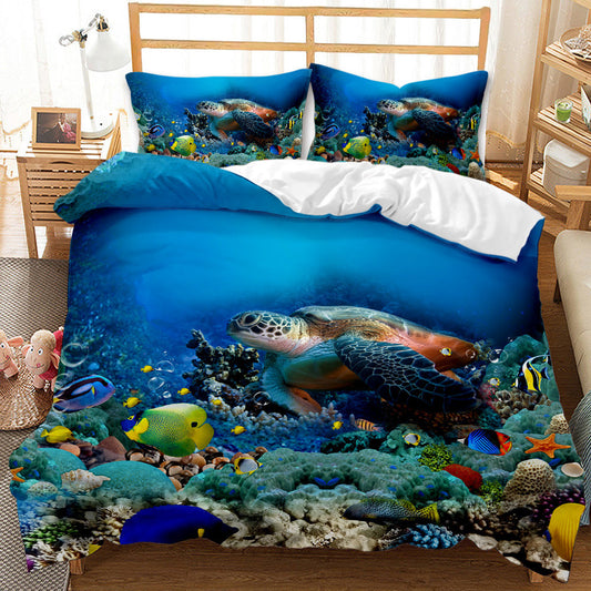 HKM-787859 Whale Shark 3D Digital Printed Brushed Bedding Set - Quilt Cover and Pillow Cases, 4-Piece Collection