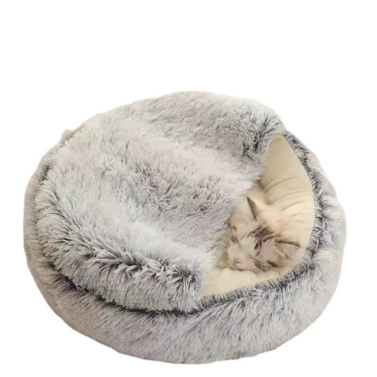 HKM-7890621 Cozy Semi-Closed Cat Bed for Small Dogs - Long Velvet Cover, Winter-Ready, Available in Multiple Colors and Sizes