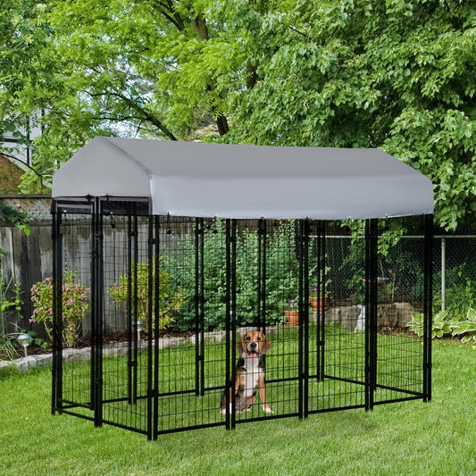 HKM-7895997 Outdoor Dog Kennel with Roof - Spacious 32 sq. ft Secure Activity Area for Large Dogs, Rust-Resistant Construction