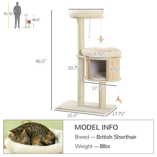 HKM-7901373 3-Level Cat Tree with Sisal Scratching Posts, Soft Cushions, and Fun Badminton Toy