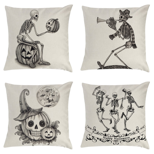 HKM-794963 Halloween Themed Pillow Cover with Skull and Pumpkin Designs - 45x45cm Linen Cushion Case