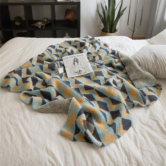 HKM-795283 Knitted Geometric Pattern Blanket - Soft Half Velvet Sofa Throw, 120x150CM in Mixed Color