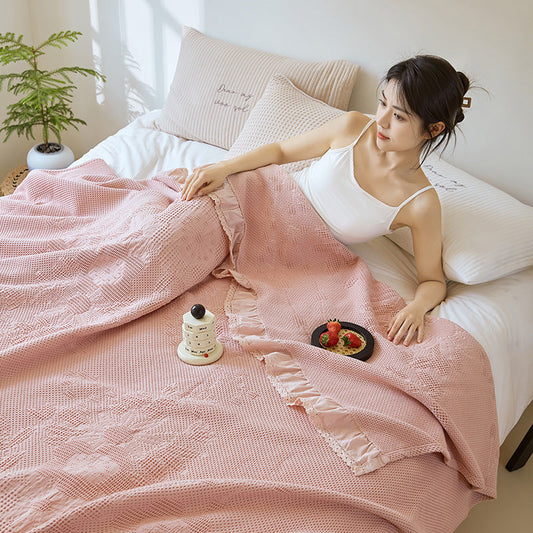 HKM-797587 Cotton Waffle Embossed Towel Blanket in Assorted Floral Designs - Available in Various Colors