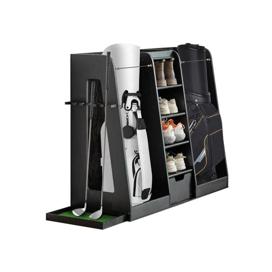 HKM-797779 Wooden Golf Bag Organizer and Storage Rack with Drawers, 2-Bag Holder, Easy Assembly, Black Finish