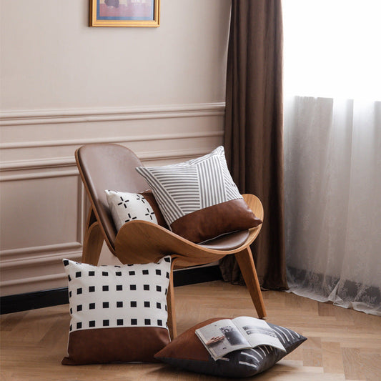 HKM-797971 Light Luxury Brown Faux Leather and Cotton Cushion Cover for Sofa and Bed, 45x45cm