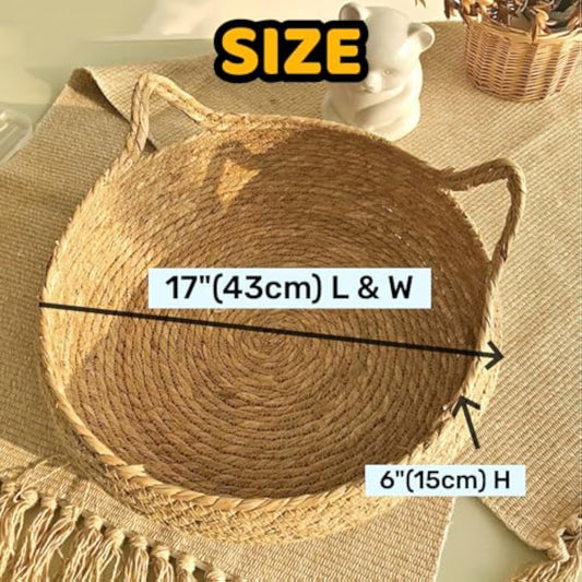HKM-7992125 Natural Woven Cat Bed with Soft Cushion – Handmade Braided Cattail Leaf Pet House, Eco-Friendly Straw Nest