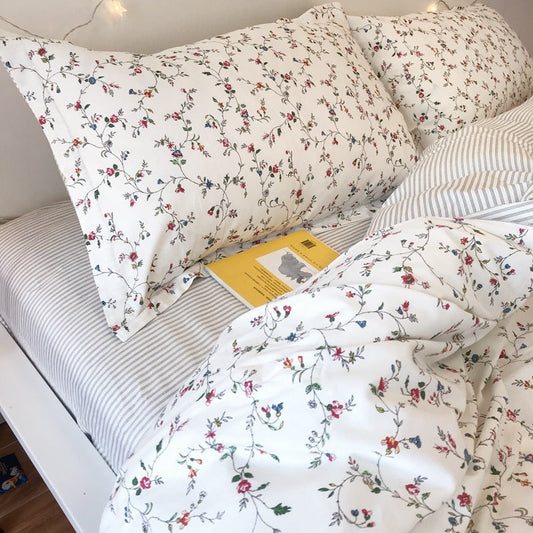 HKM-801363 Floral Cotton Bed Sheet Set - 4-Piece Bedding for 1.5m Bed with Quilted Sheets and Pillowcases