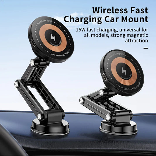 HKM-803091 15W Wireless Charger Magnetic Car Phone Holder with 360° Rotation and Foldable Design for Dashboard Use