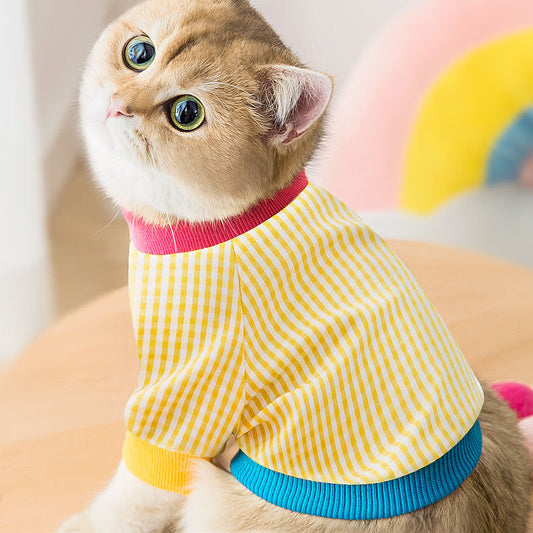 HKM-8062525 Plaid Cotton T-Shirt for Cats - Casual Yellow Design, Sizes XS to XXL
