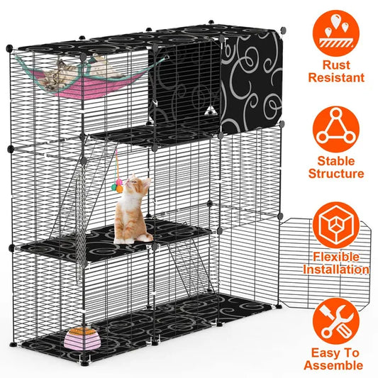 HKM-8092605 3-Tier Indoor Cat Cage Enclosure with Ladder, Hammock, Toy Ball for Cats, Rabbits, and Small Animals