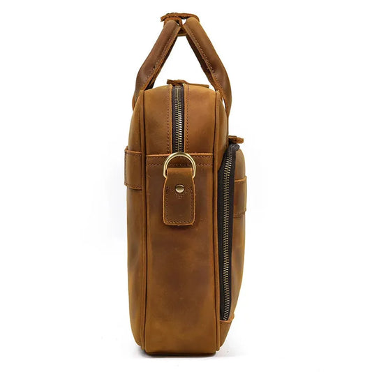 HKM-811155 Retro Crazy Horse Leather Briefcase for 14-Inch Laptops - Waterproof Heavyweight Waxed Canvas Messenger Bag in Brown/Dark Brown