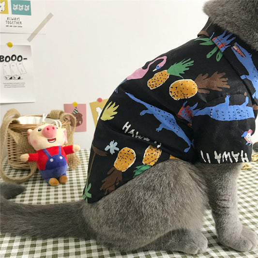 HKM-8125885 Summer Cat Shirt with Matching Straw Hat, Necklace, and Glasses - Thin and Hair-Fall Preventing Outfit