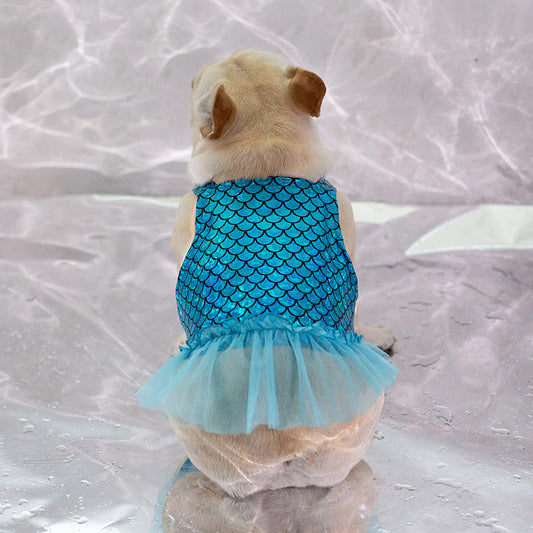 HKM-8166589 Dog Leisure Skirt in Lake Blue and Rose Red Made from Laser Bronzing Fish Scale Cloth