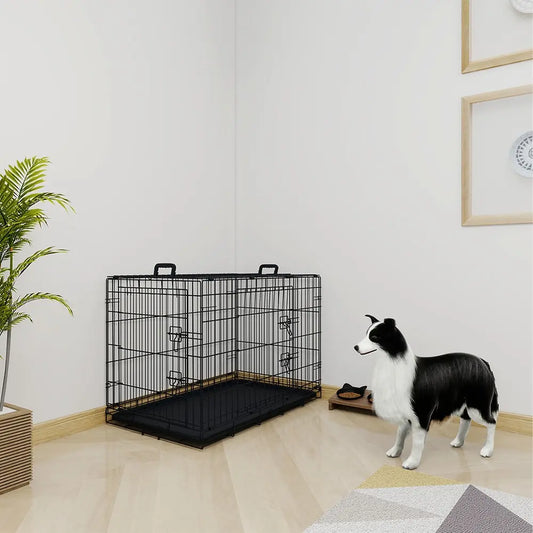 HKM-8185149 36-Inch Black Wire Dog Cage with Double Lock Mechanism and Two Doors for Enhanced Security