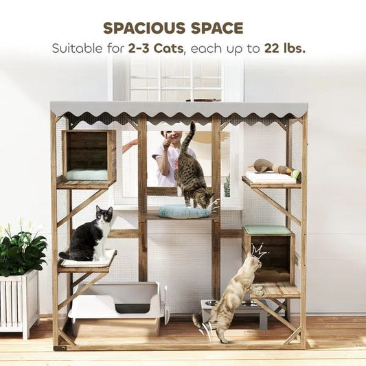 HKM-8289213 Expandable Outdoor Cat Enclosure with Multi-Level Platforms and Waterproof Roof for Multiple Cats