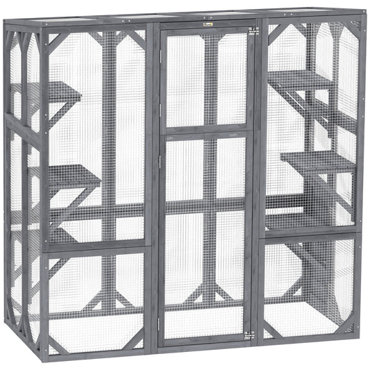 HKM-8316221 Outdoor Wooden Catio with 6 Jumping Platforms and Weatherproof Roof for Cats, 59 X 28 X 60 Inches, Gray