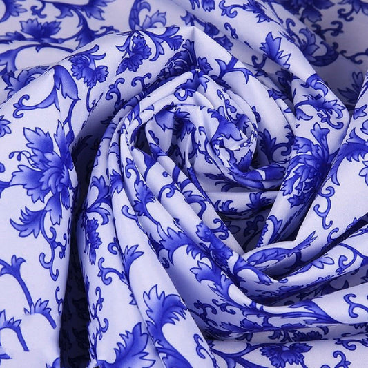 HKM-835795 Blue Floral Pattern Polyester Fabric on White Background - 1.5 x 1 Meter