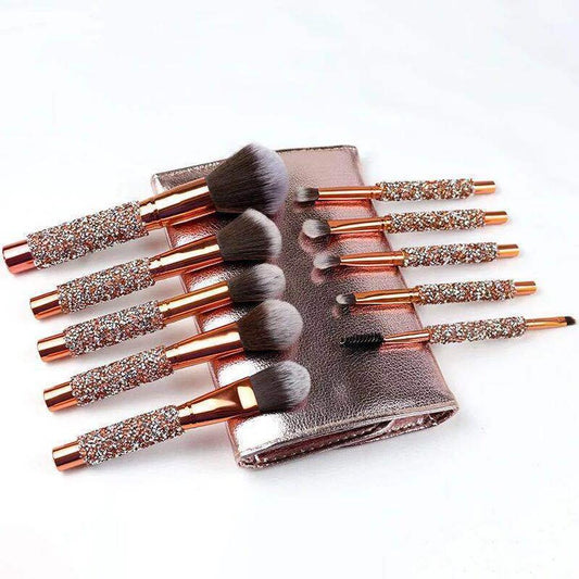 HKM-837331 Ten-Piece Diamond-Encrusted Makeup Brush Set - Nylon Bristles with Wooden Handles