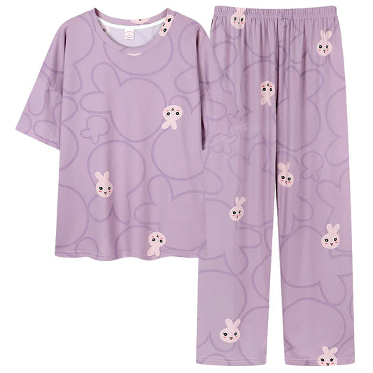 HKM-837651 Cartoon Printing Leisure Style Round Neck Female Short Sleeves Long Pants Cotton Pajamas for Women