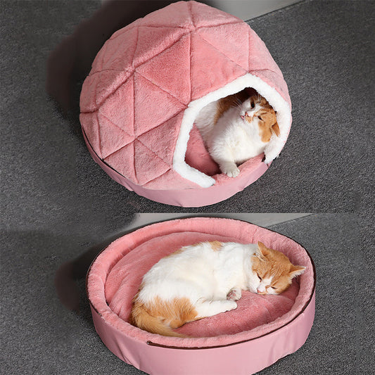 HKM-8382909 Cotton Semi-Enclosed Tent Bed for Small Pets in Brown and Pink - Hand Washable