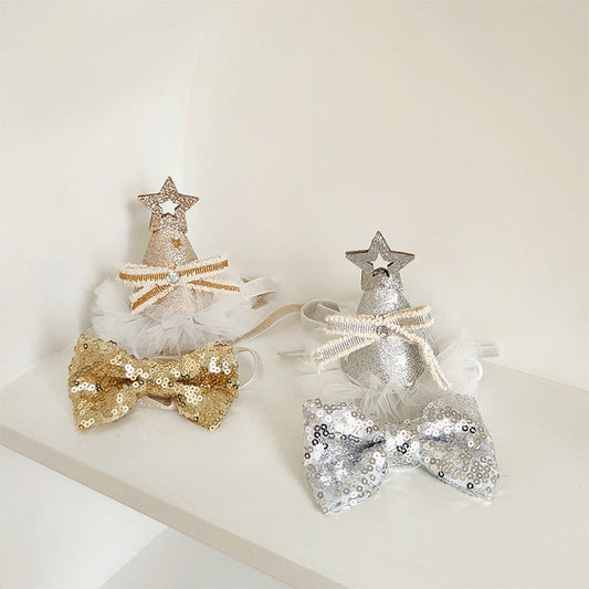 HKM-8386109 Sparkling Cat Birthday Hat Set with Bow Tie - Silver & Gold Stars