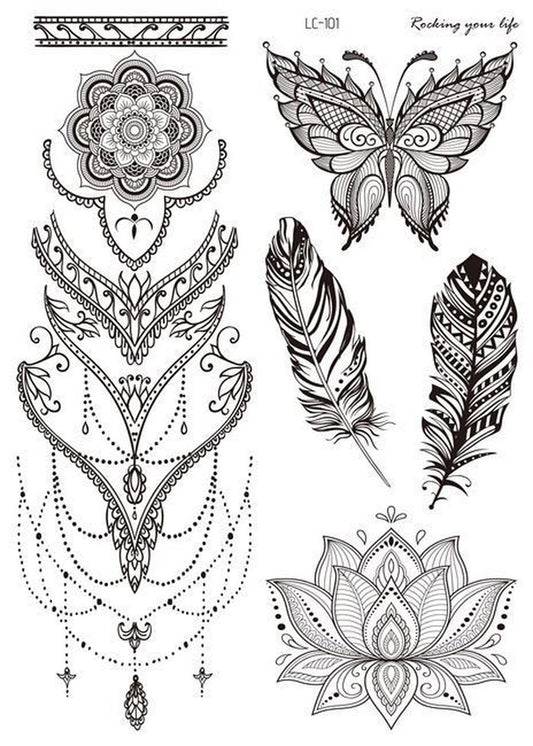 HKM-842195 Water Transfer Geometry Henna Tattoo Sticker - Assorted Patterns LC-101 to LC-109, 210 x 150mm