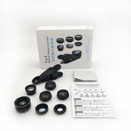 HKM-842259 7-in-1 Mobile Phone Lens Set: Fisheye, Wide Angle, Macro, Telephoto, Polarizer, Kaleidoscope with Clip and Accessories