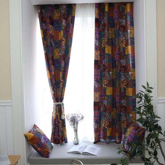 HKM-842259 Bohemian Retro Geometric Cotton Linen Curtains for Oriel and Floor-to-Ceiling Windows