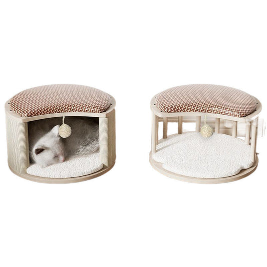HKM-8426429 Solid Wood Summer Cat Nest - Four Seasons Universal Design with Plush Cushion Options