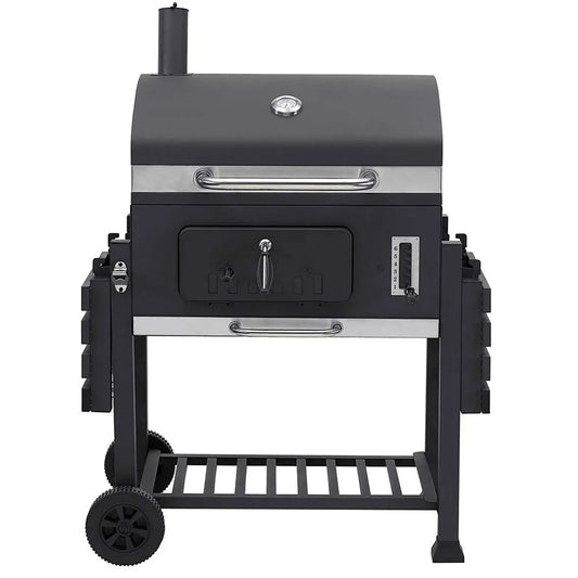 HKM-843219 Cast Iron Grill Smoker with Chimney and Lid, Square Trolley Charcoal Barbecue 152x73x137cm